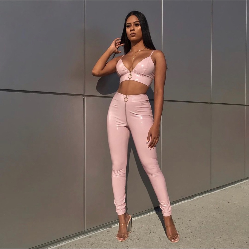 MADISON LATEX ZIPPER FRONT PANTS - BABY PINK